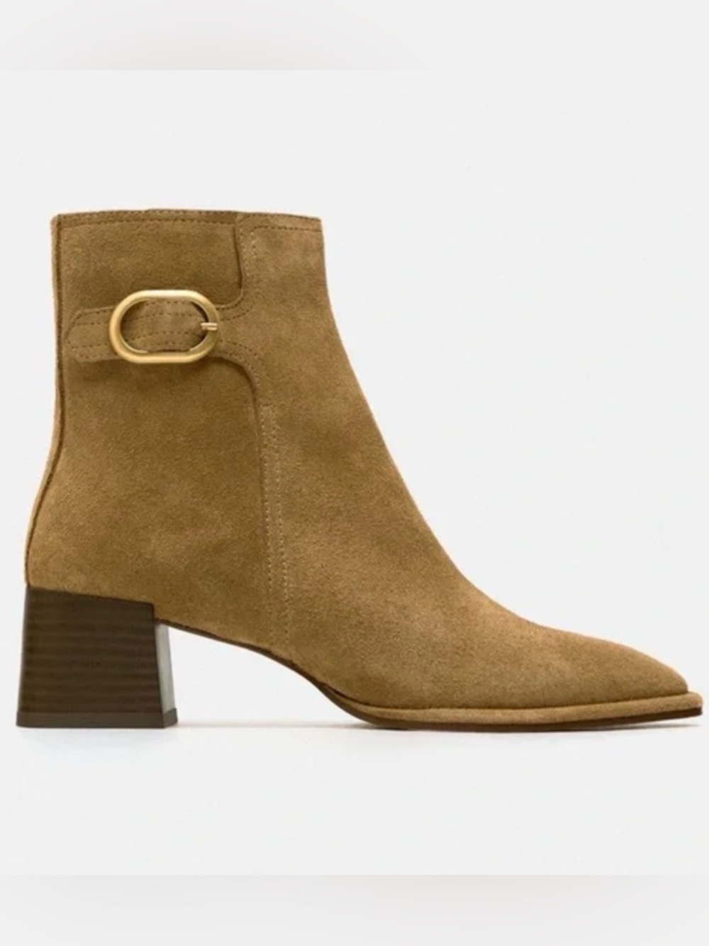 Zara Tan Suede Ankle Boot with brass Buckle - Women 38